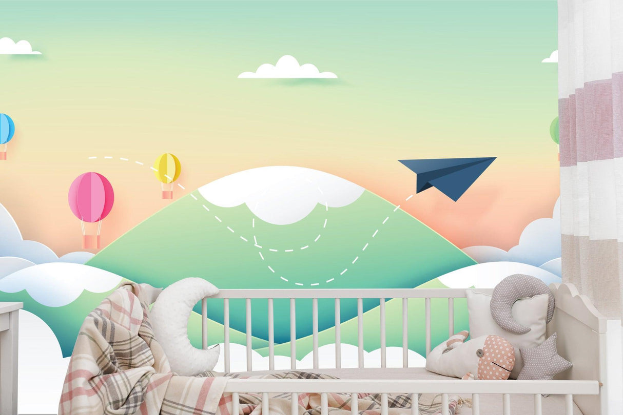 Kids Mural Wallpaper | Paper Airplane and Hot Air Balloons Adventure