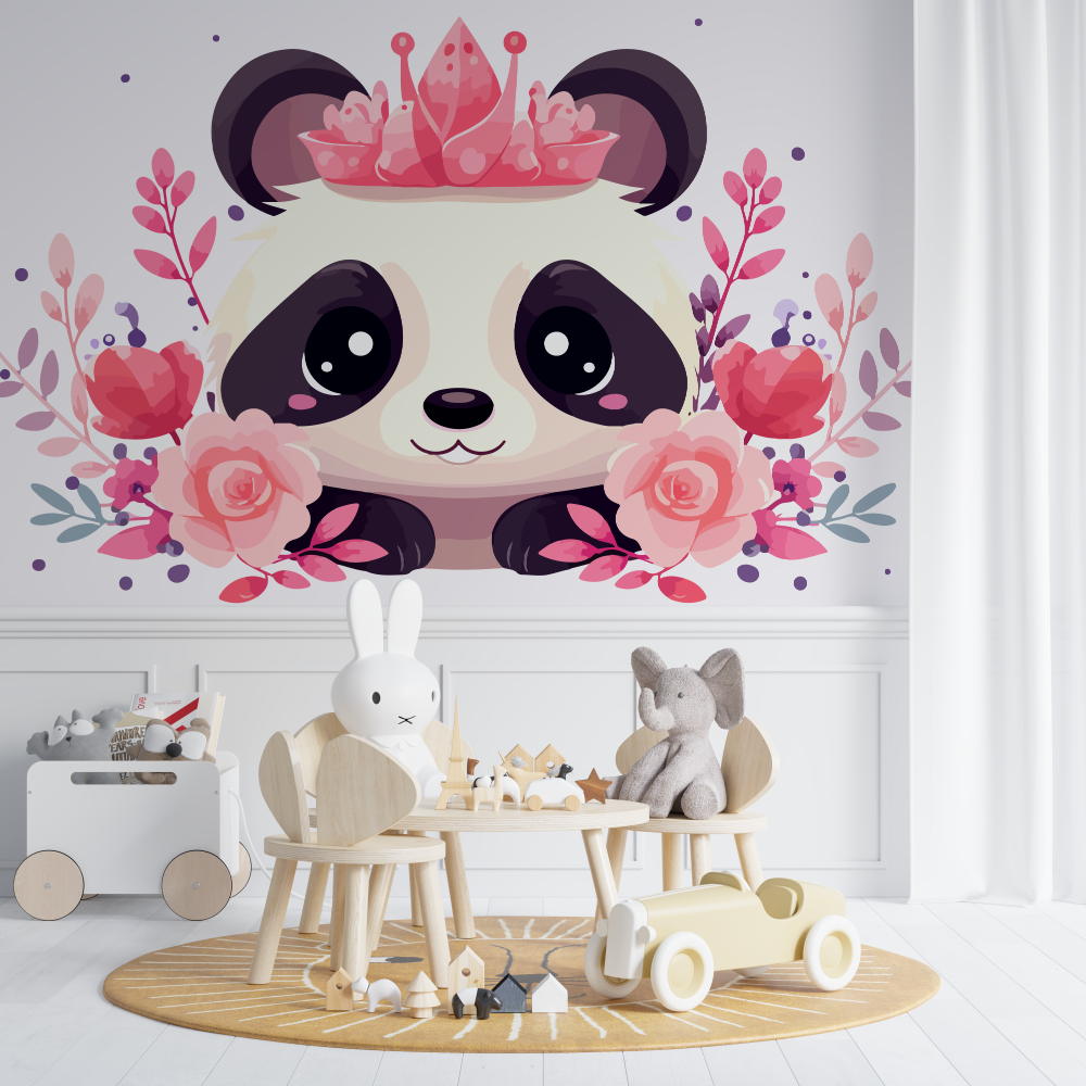 Princess Panda Mural Wallpaper | Pink Floral Crown Design