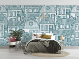 City Line Art Mural Wallpaper | Blue Architectural Sketch Design