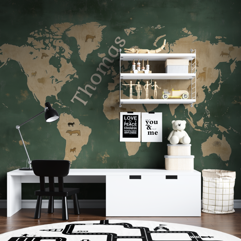 World Map Mural Wallpaper | Green and Gold with Animal Silhouettes