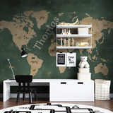 World Map Mural Wallpaper | Green and Gold with Animal Silhouettes