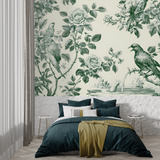 Vintage Floral Mural Wallpaper | Green Birds and Roses Toile de Jouy