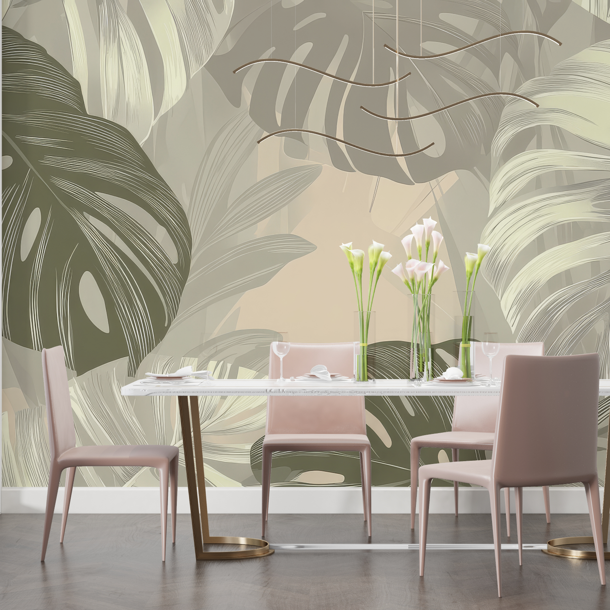 Monstera Mural Wallpaper | Elegant Green and Beige Design
