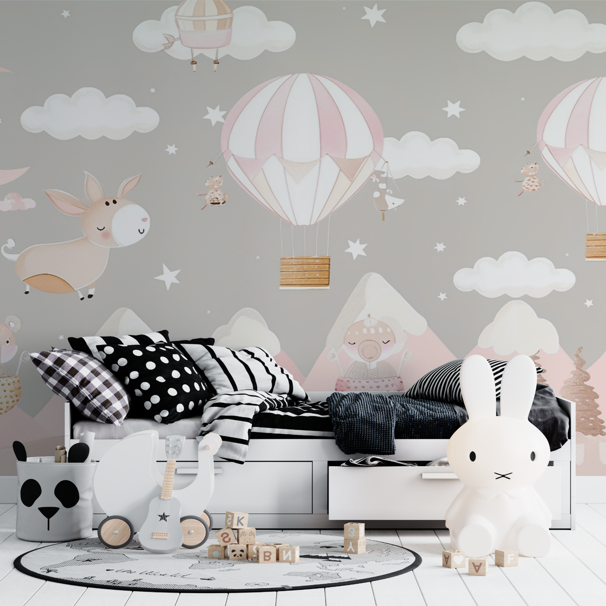 Hot Air Balloon Mural Wallpaper | Pink Nursery Sky Adventure