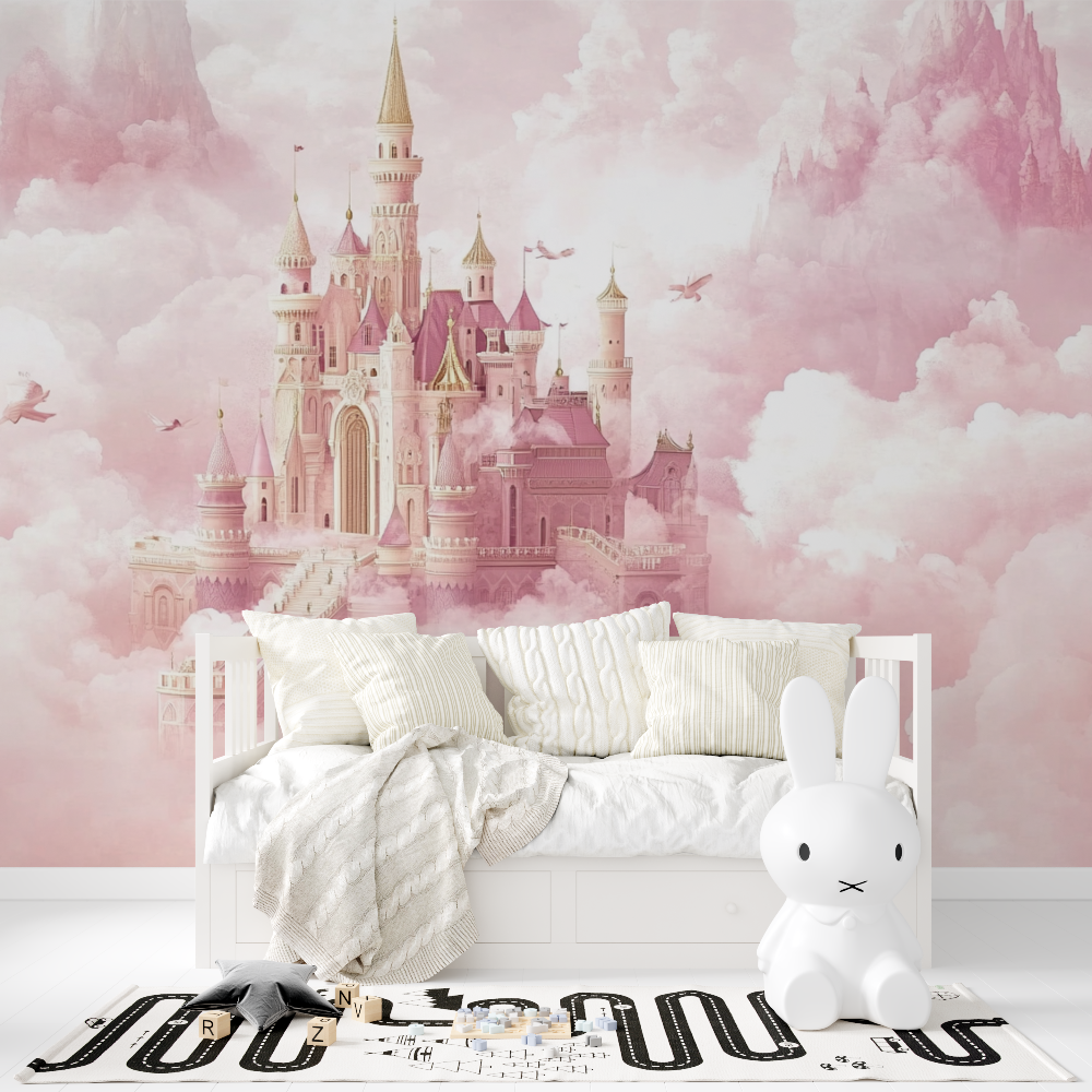 Princess Castle Mural Wallpaper | Pink Fantasy with Golden Spires