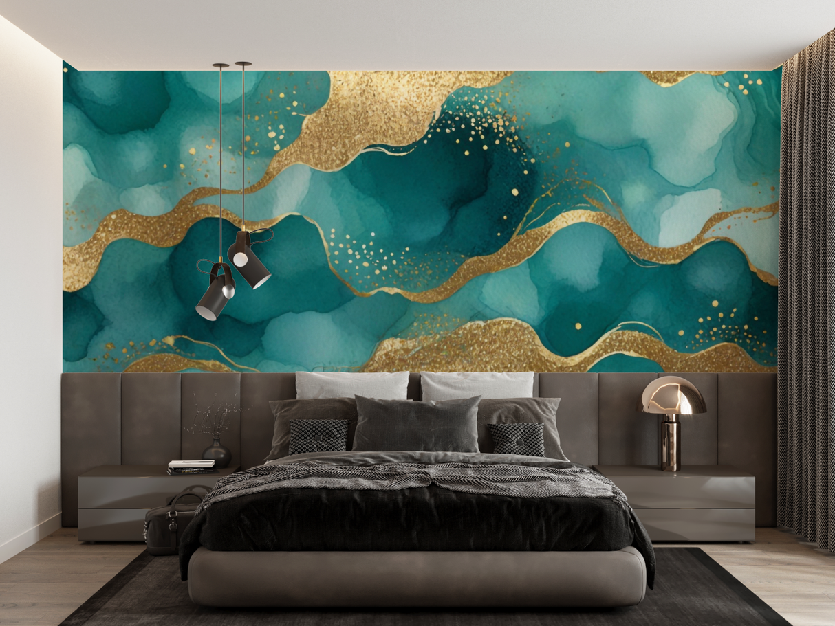Abstract Mural Wallpaper | Turquoise and Gold Watercolor Waves