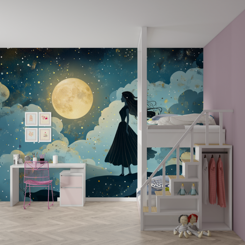 Princess Mural Wallpaper | Moonlit Silhouette Art Deco