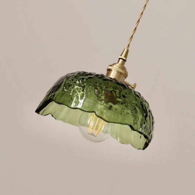 Green Glass Pendant Light  Rippled Brass Fixture - Product detail 11