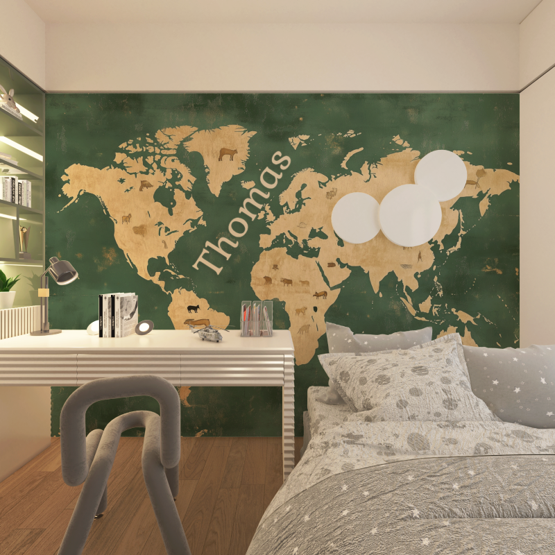 World Map Mural Wallpaper | Green and Gold with Animal Silhouettes
