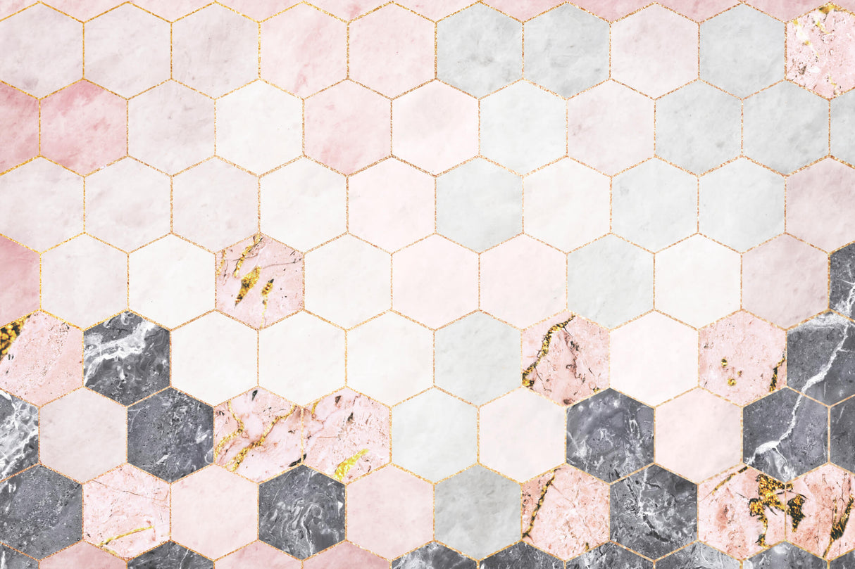 Geometric Mural Wallpaper | Pink and Grey Marble Hexagons with Gold