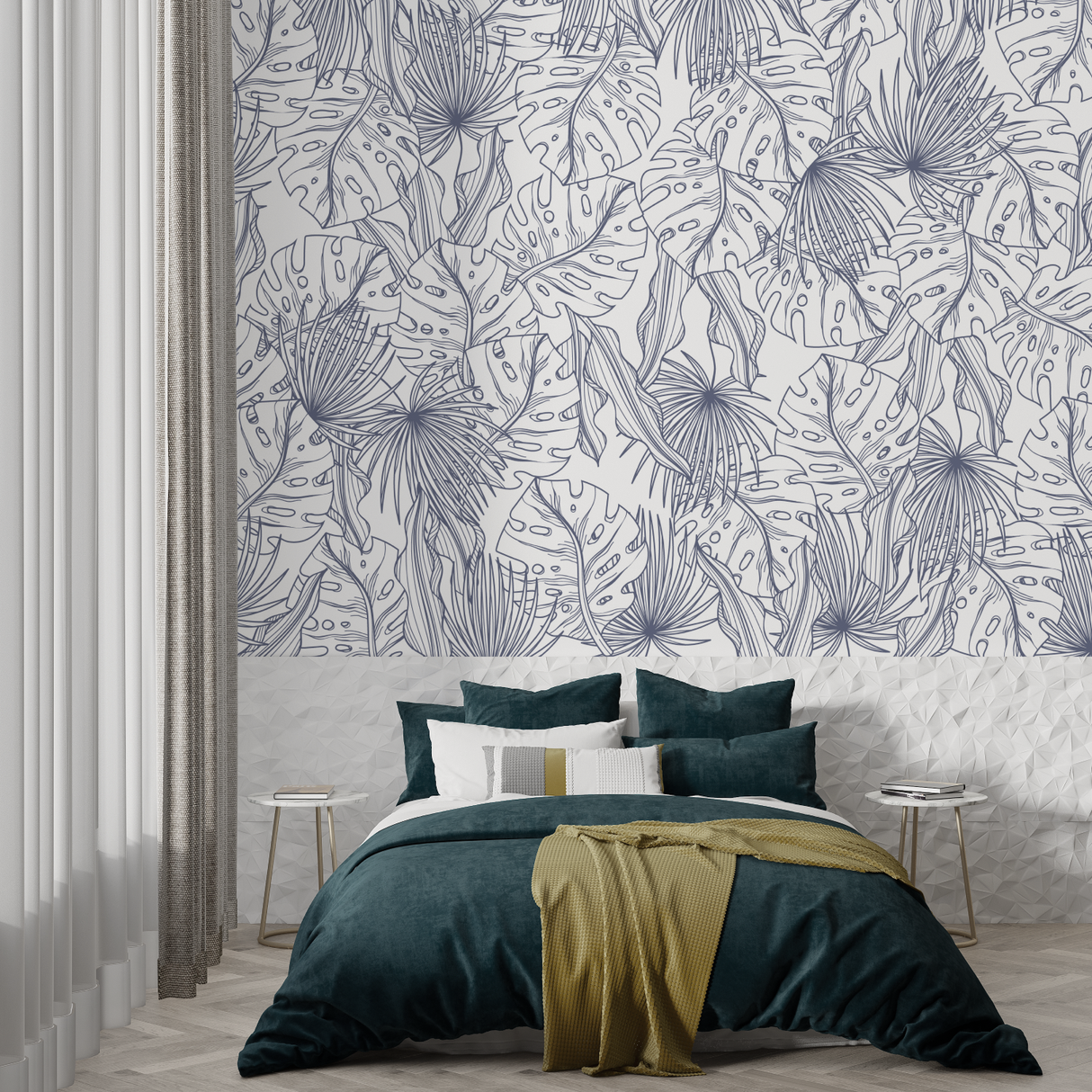 Tropical Line Art Mural Wallpaper | Blue Palm and Monstera Pattern