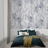 Tropical Line Art Mural Wallpaper | Blue Palm and Monstera Pattern