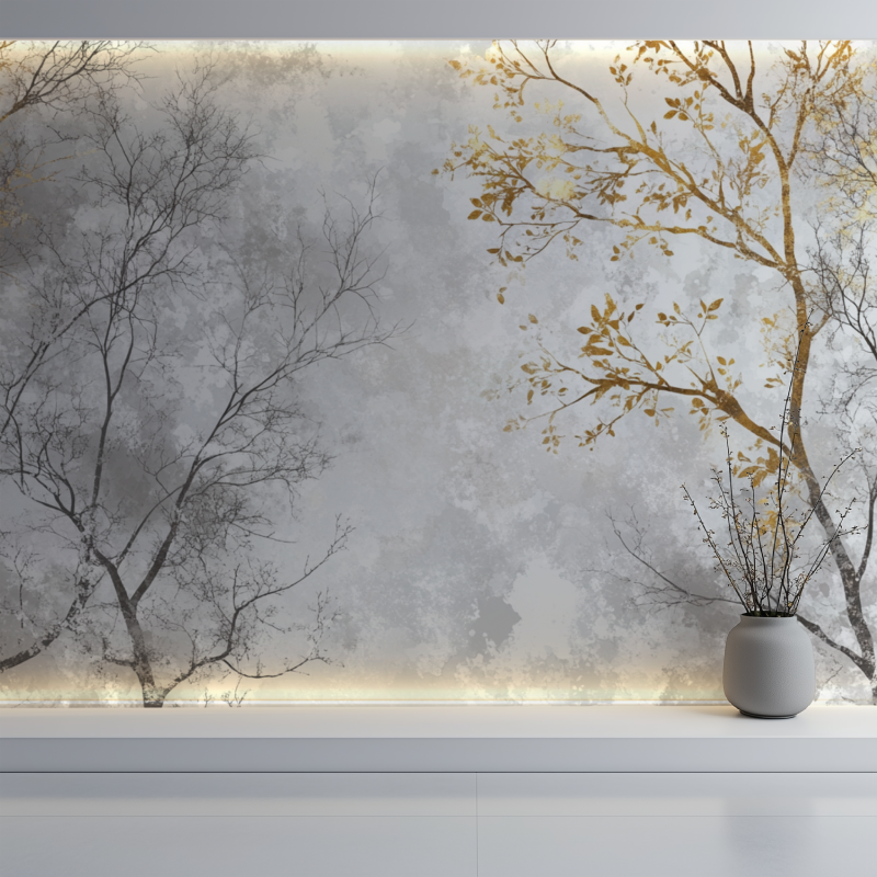 Nature Mural Wallpaper | Golden Branches on Silver Sky