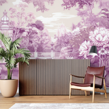 Garden Mural Wallpaper | Purple Floral Paradise with Pagoda