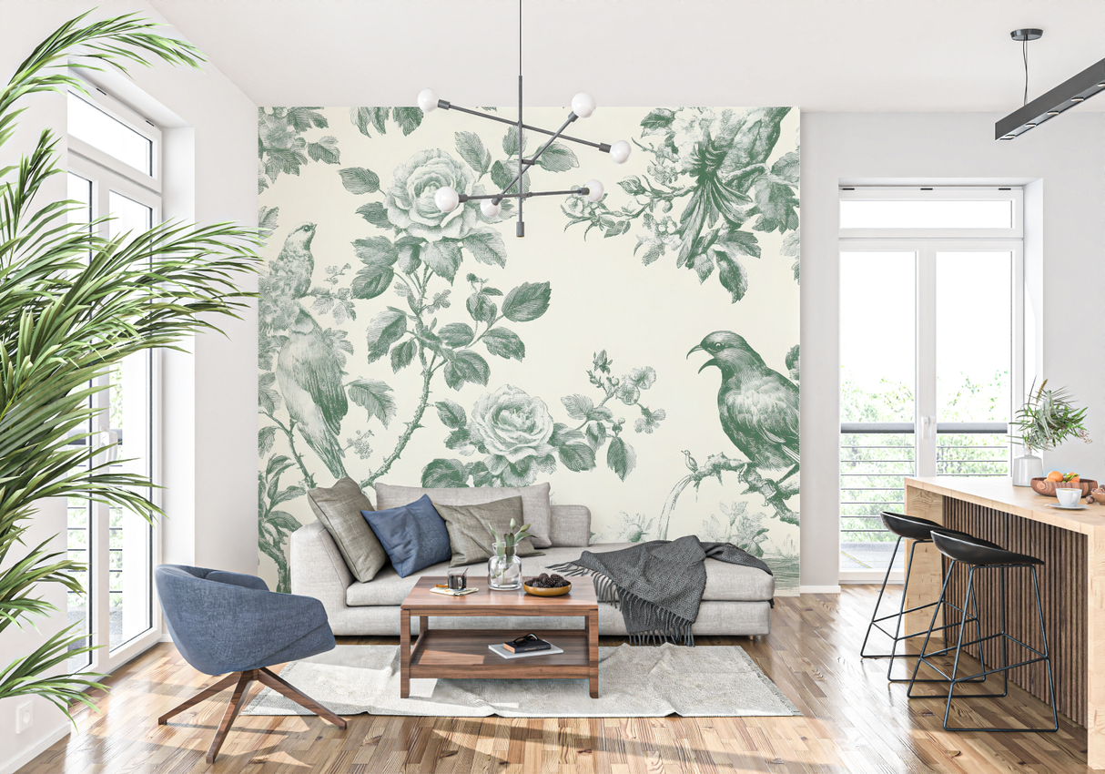 Vintage Floral Mural Wallpaper | Green Birds and Roses Toile de Jouy