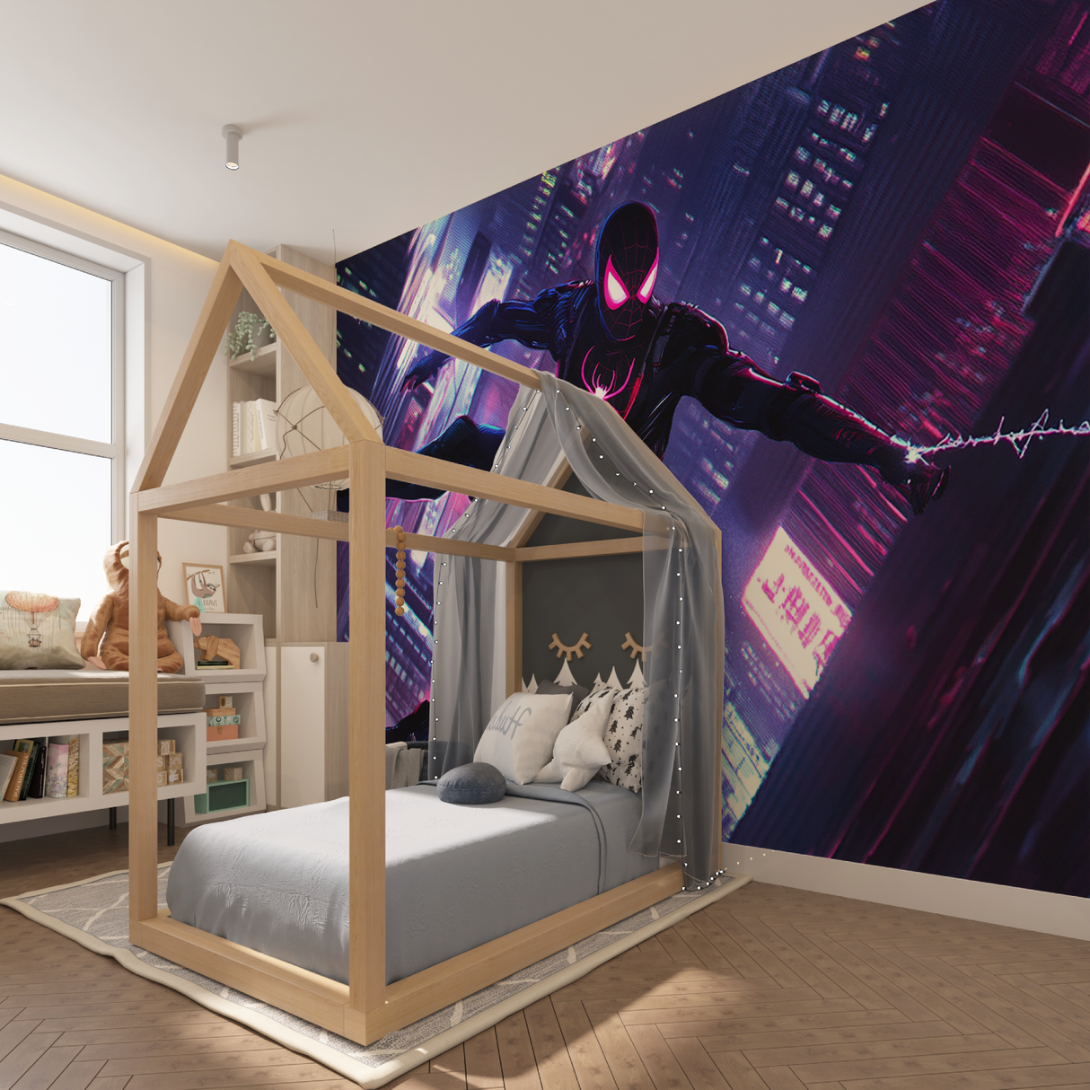 Superhero Mural Wallpaper | Neon Spider Theme City Night