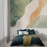 Abstract Mural Wallpaper | Green and Terracotta Waves Design