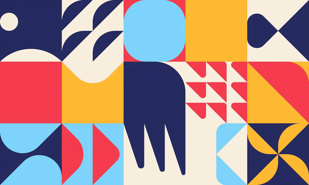 Geometric Mural Wallpaper | Modern Art Deco Design in Blue Red and Yellow