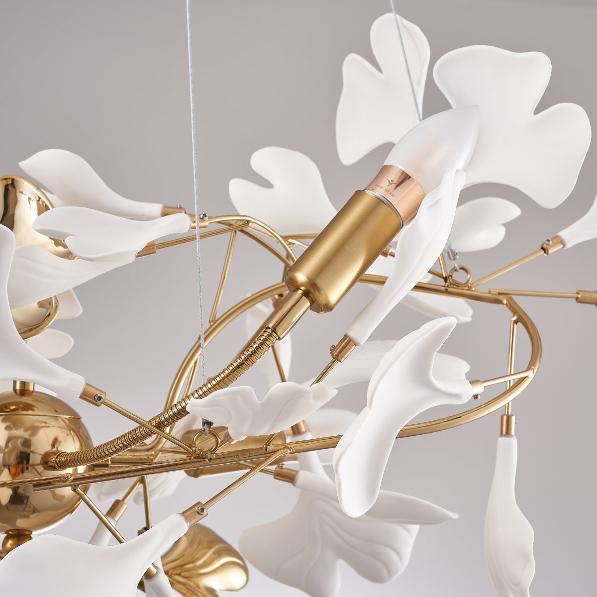 Ginkgo Leaf Chandelier  Brass and White Floral Design - Product detail 19