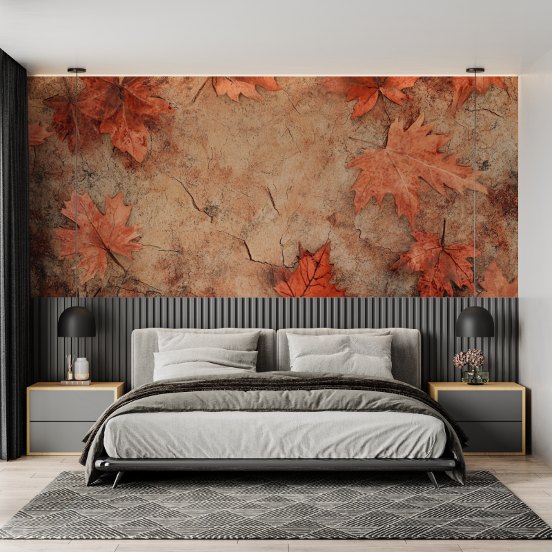 Nature Mural Wallpaper | Terracotta Maple Leaves with Aged Effect