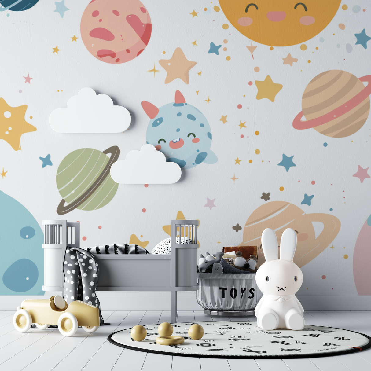 Space Mural Wallpaper | Cute Planets and Stars Design