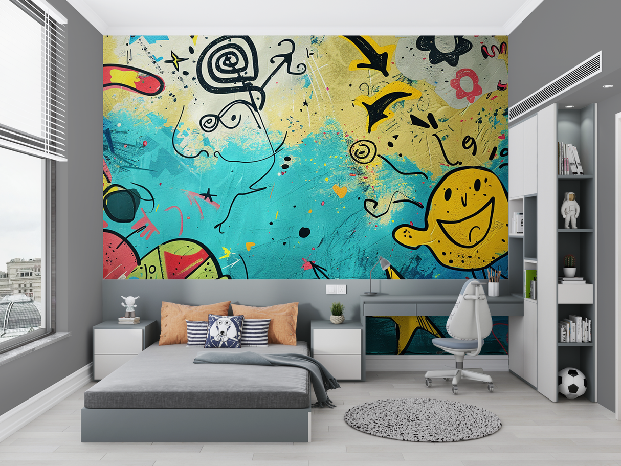 Graffiti Mural Wallpaper | Urban Street Art with Yellow and Blue