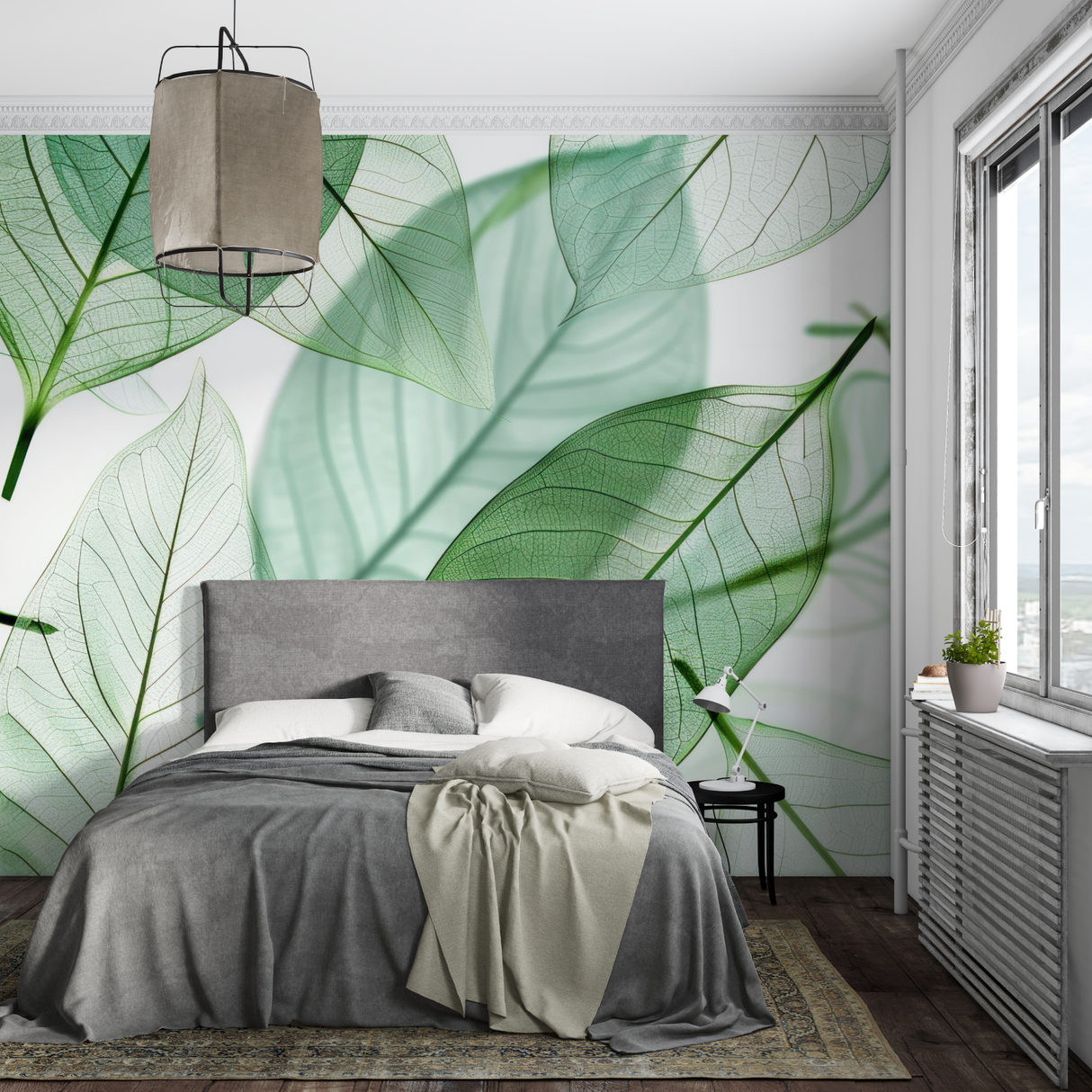 Botanical Mural Wallpaper | Translucent Green Leaves Design