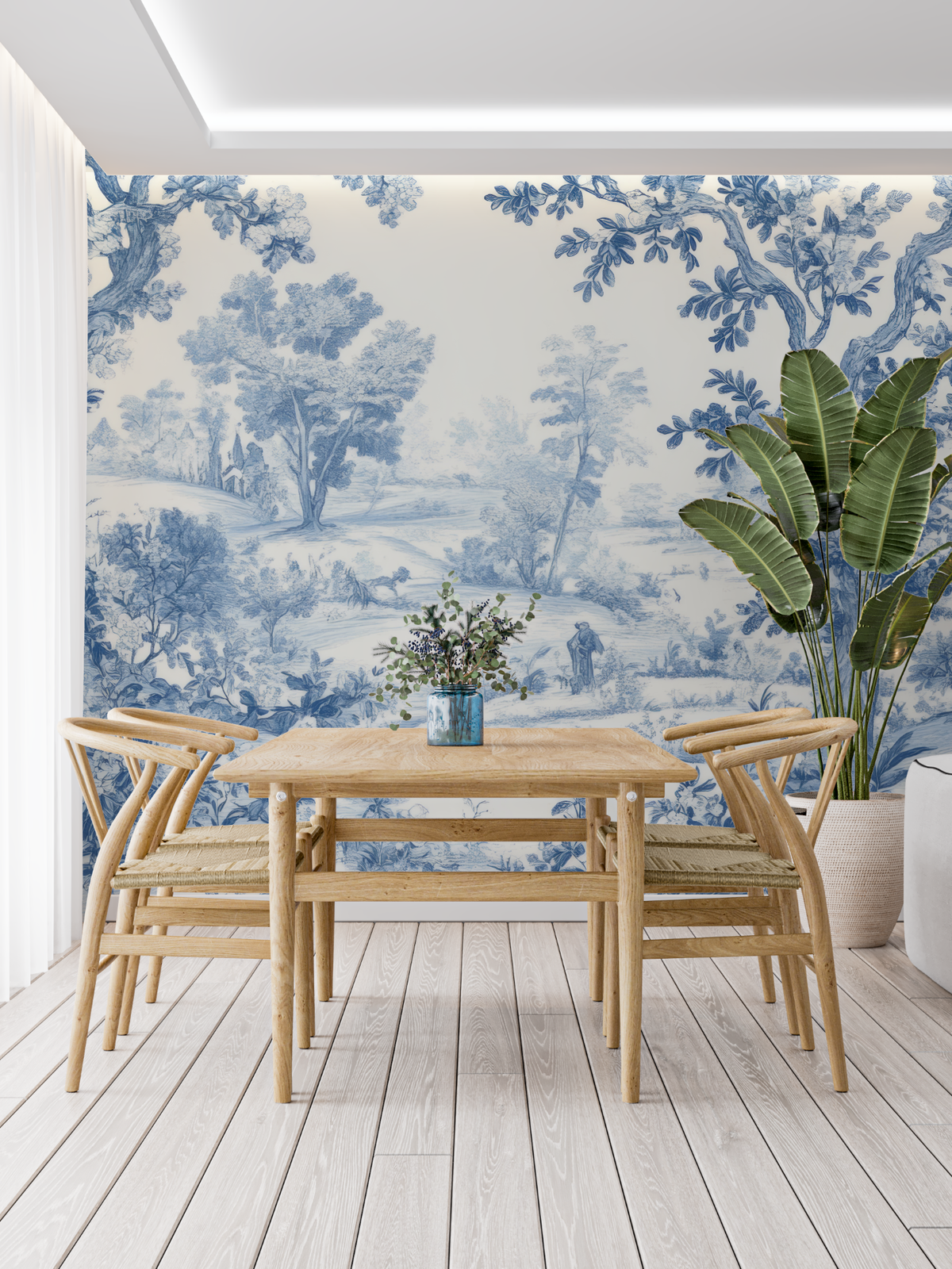 Toile de Jouy Mural Wallpaper | Classic Blue Forest Scene