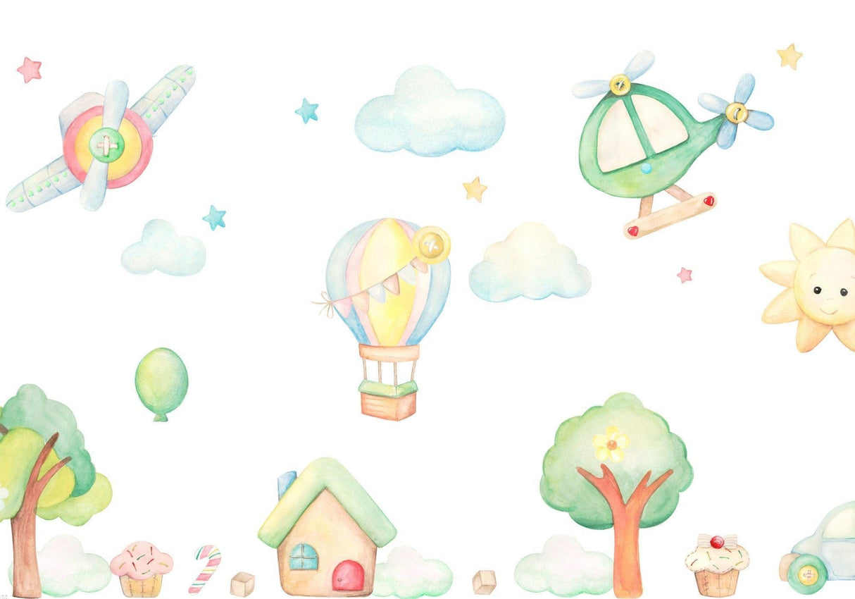 Kids Mural Wallpaper | Hot Air Balloon and Aircraft Adventure