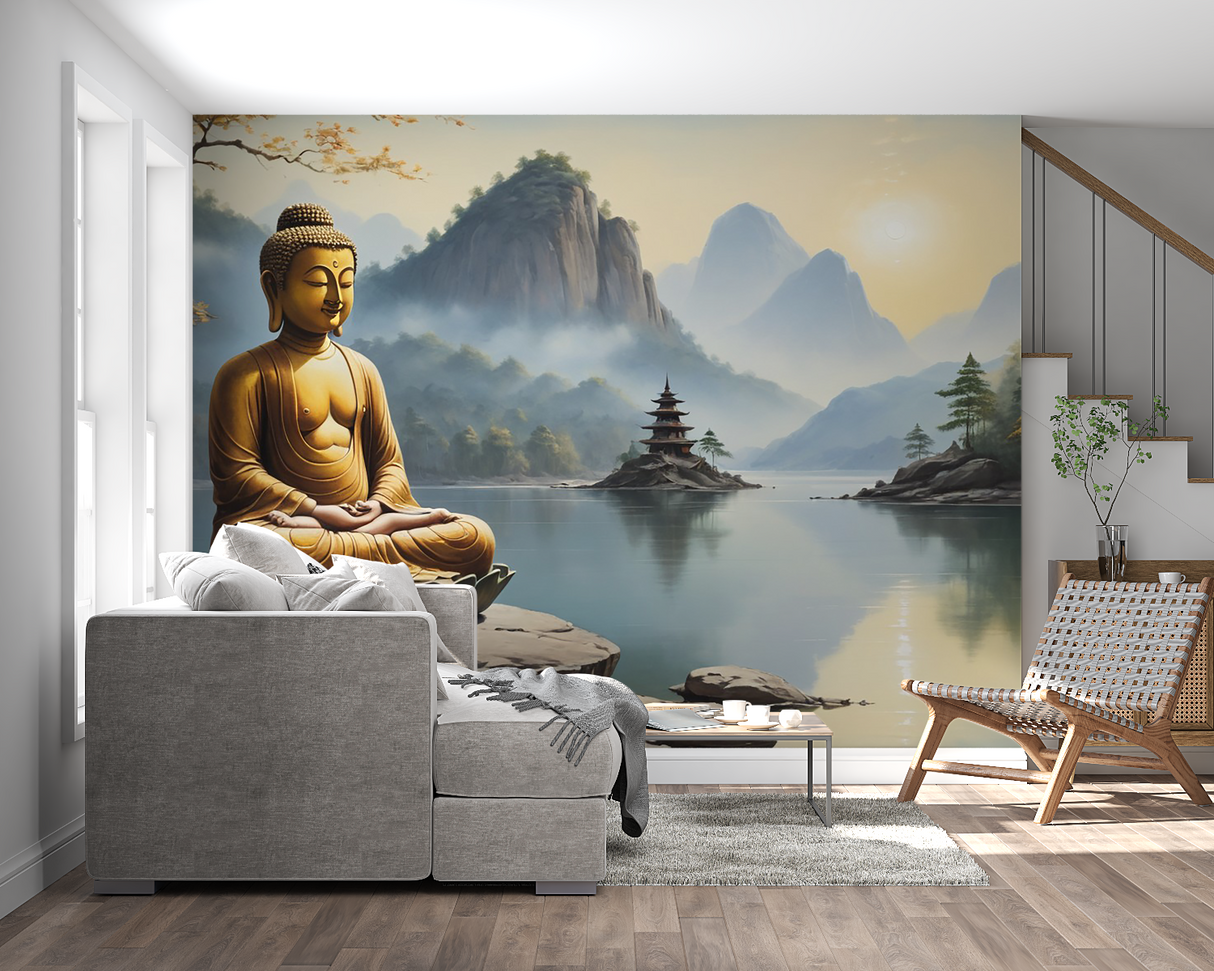 Japanese Mural Wallpaper | Zen Buddha with Mountain Lake