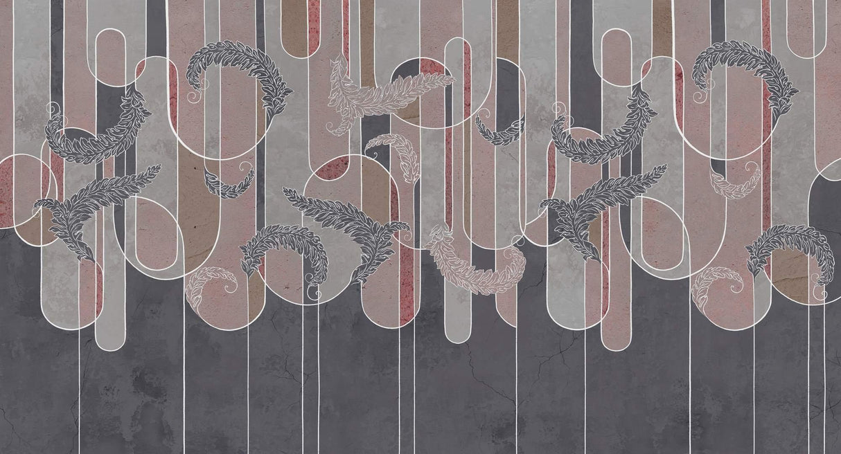 Abstract Mural Wallpaper | Geometric Feather Design with Burgundy Stripes