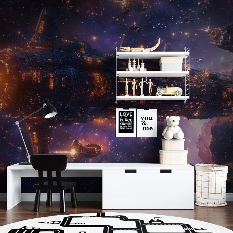 Space Ship Mural Wallpaper | Galactic Battle Cruiser in Purple Nebula