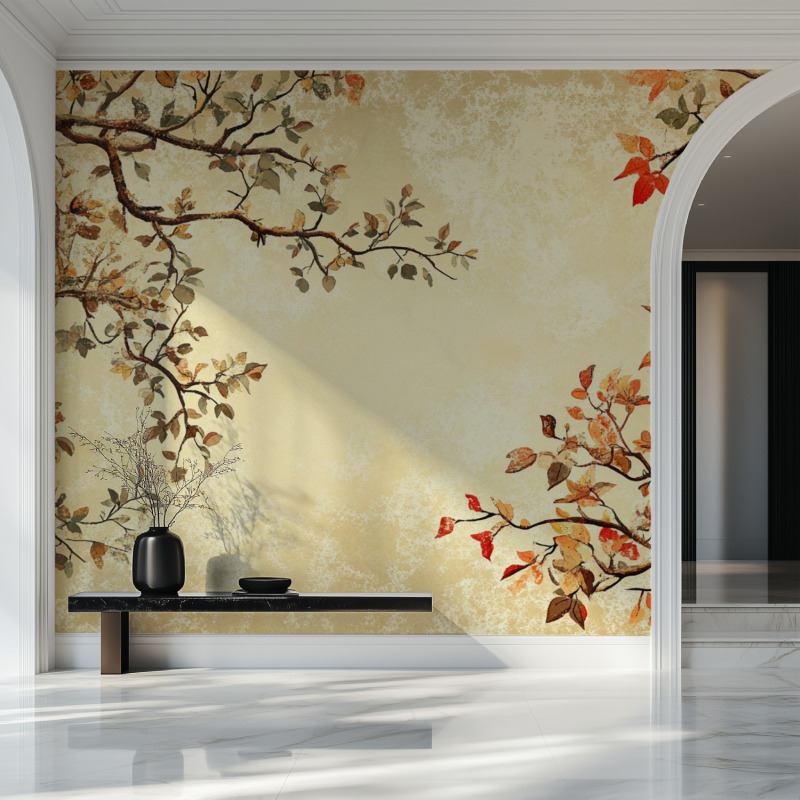 Japanese Tree Mural Wallpaper | Autumn Leaves on Beige Background