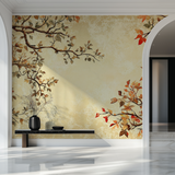 Japanese Tree Mural Wallpaper | Autumn Leaves on Beige Background