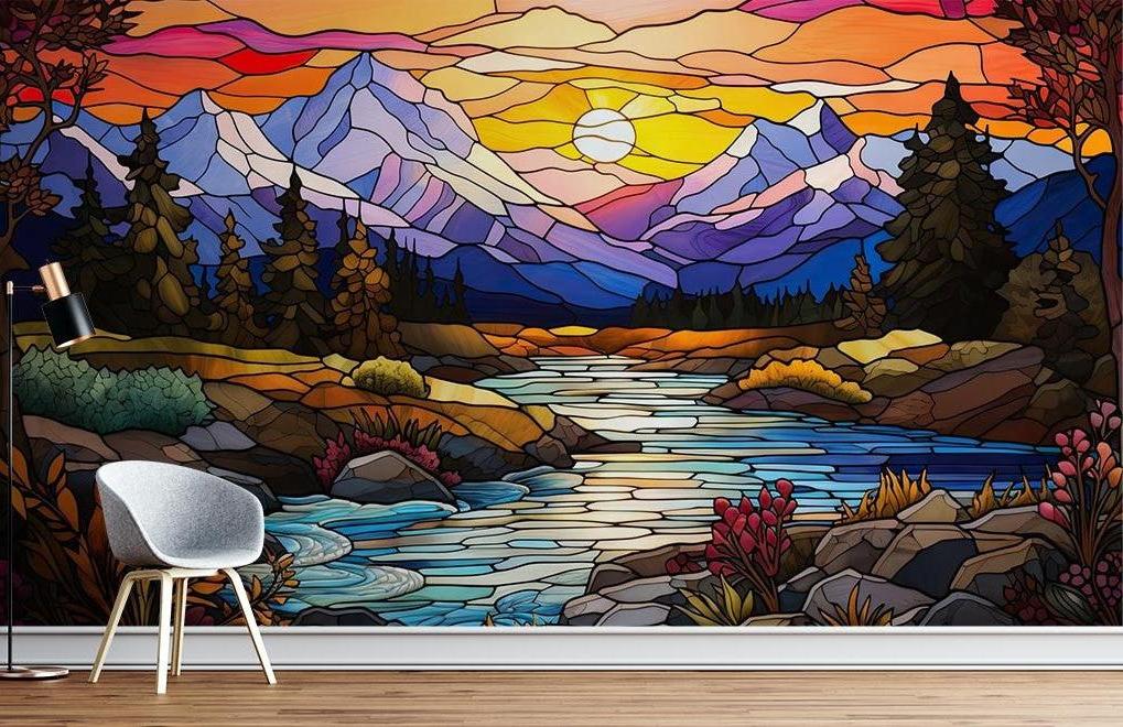Mountain Mural Wallpaper | Stained Glass Sunset Landscape