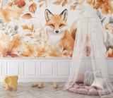 Forest Animals Mural Wallpaper | Autumn Fox with Watercolor Leaves