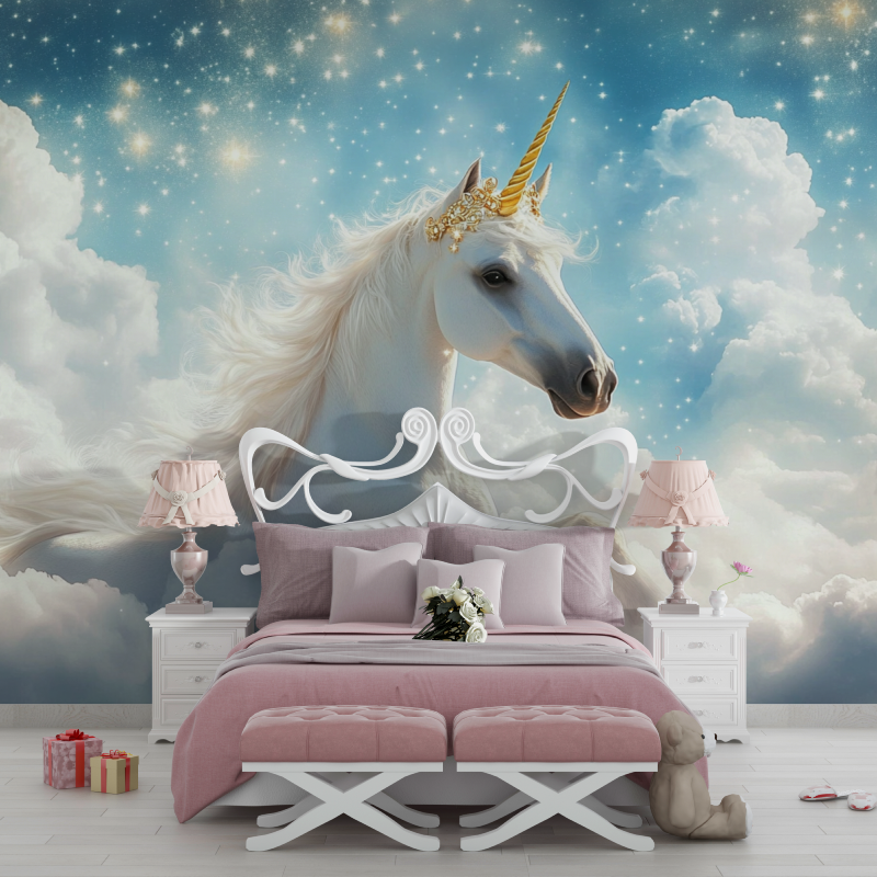 Unicorn Mural Wallpaper | Magical Sky with Golden Stars