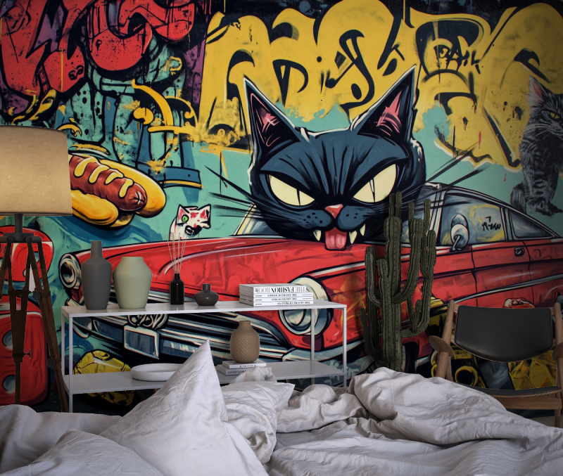 Street Art Mural Wallpaper | Urban Graffiti with Classic Car