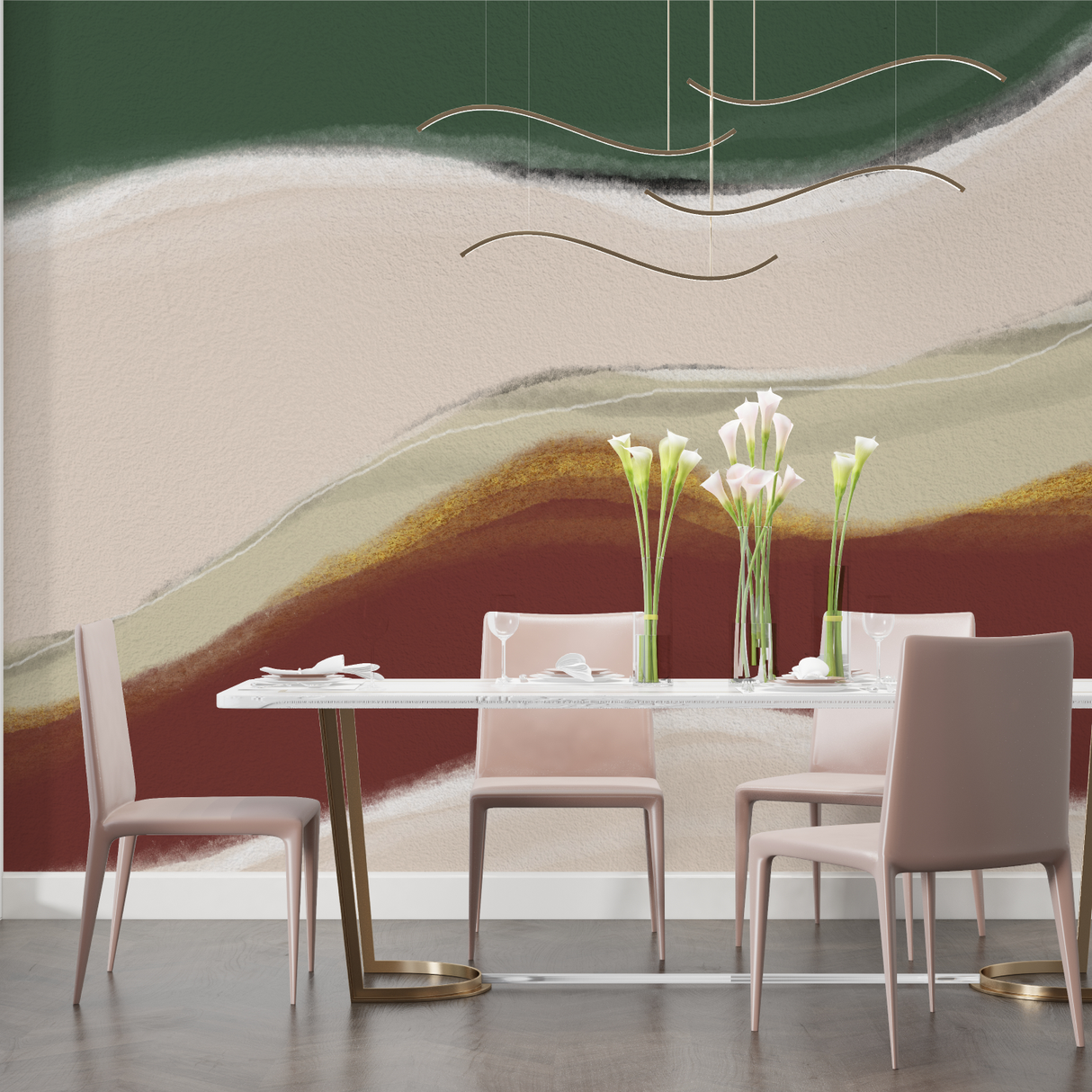 Abstract Mural Wallpaper | Green and Terracotta Wave Design