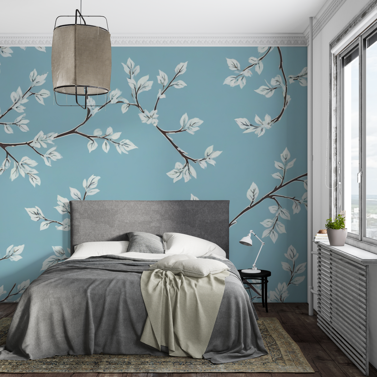 Floral Mural Wallpaper | White Leaves on Blue Background