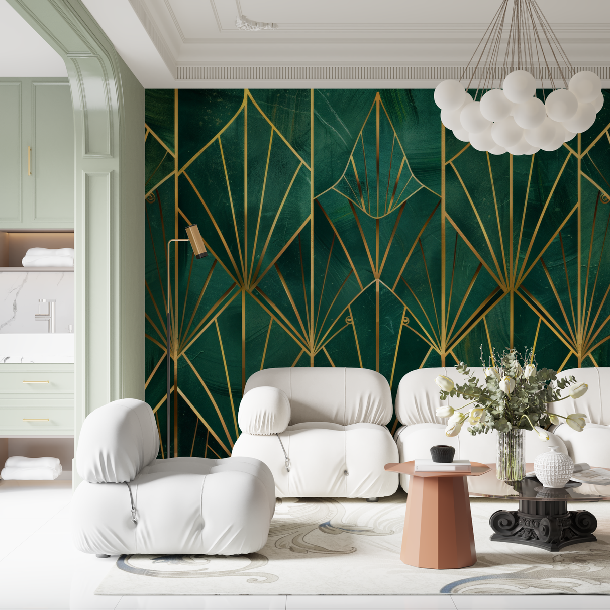 Art Deco Mural Wallpaper | Emerald Green and Gold Geometric Pattern