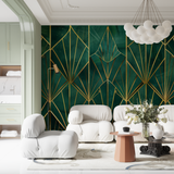 Art Deco Mural Wallpaper | Emerald Green and Gold Geometric Pattern
