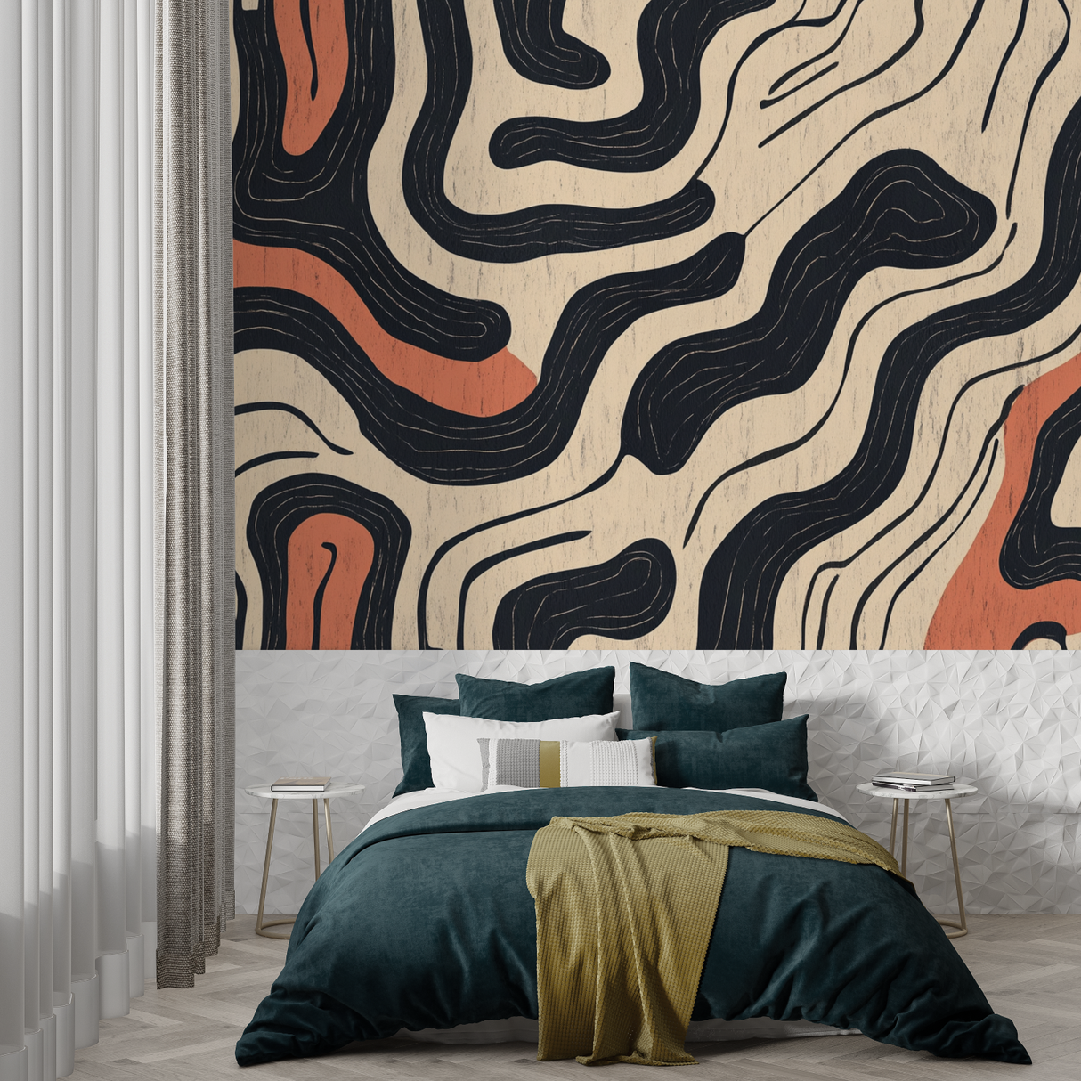 Abstract Mural Wallpaper | Modern Curves With Terracotta Accents