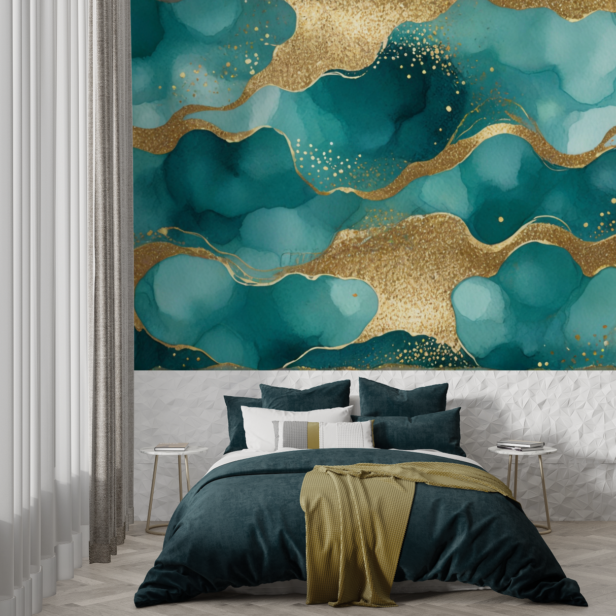 Abstract Mural Wallpaper | Turquoise and Gold Watercolor Waves