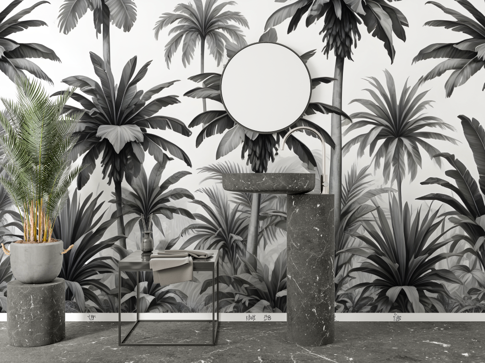 Tropical Mural Wallpaper | Black and White Palm Leaves Design