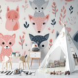 Forest Animals Mural Wallpaper | Pink and Grey Fox Pattern
