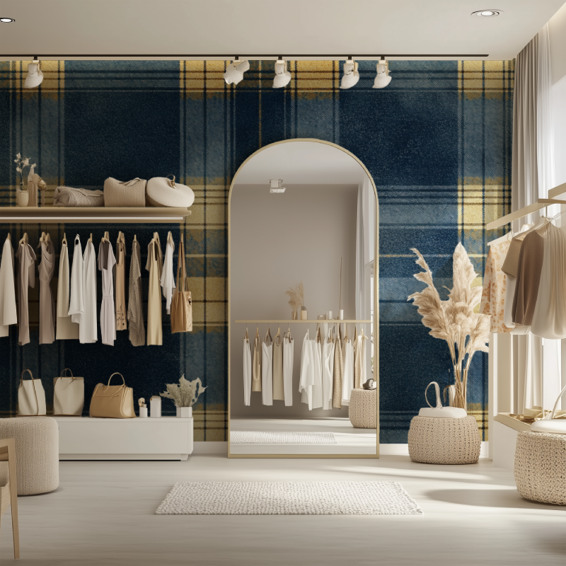 Plaid Mural Wallpaper | Classic Blue and Gold Pattern