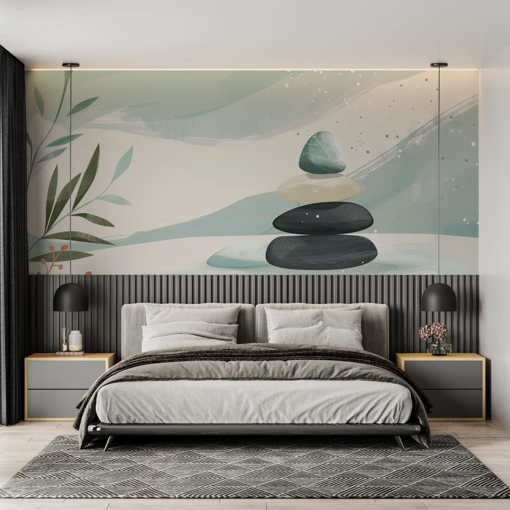 Zen Mural Wallpaper | Balanced Stones and Mint Design