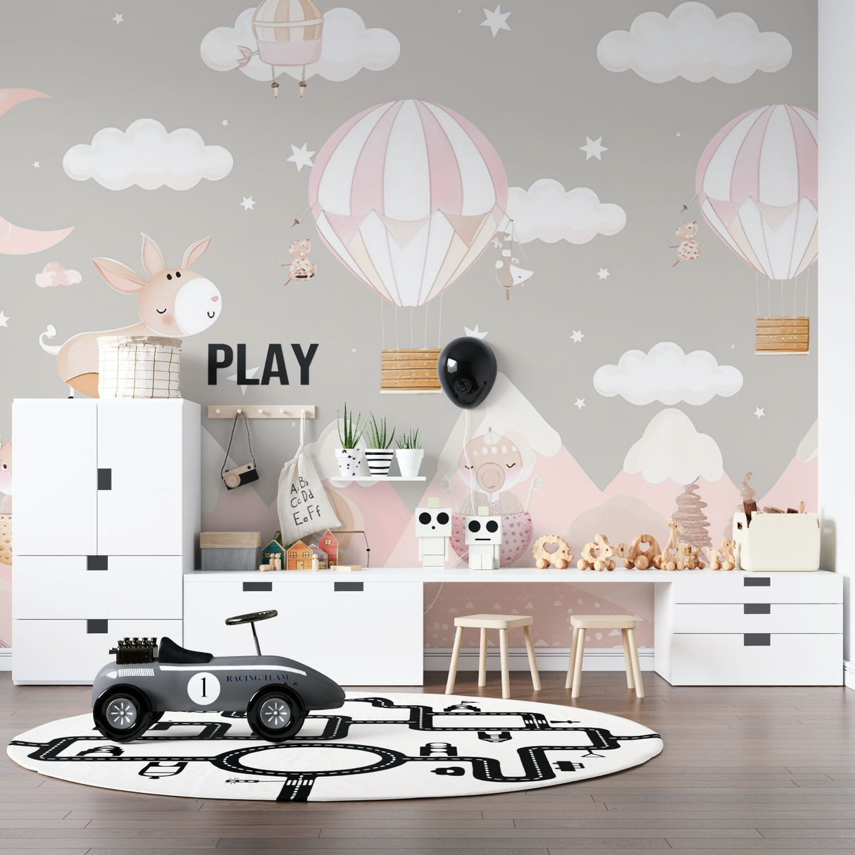 Hot Air Balloon Mural Wallpaper | Pink Nursery Sky Adventure