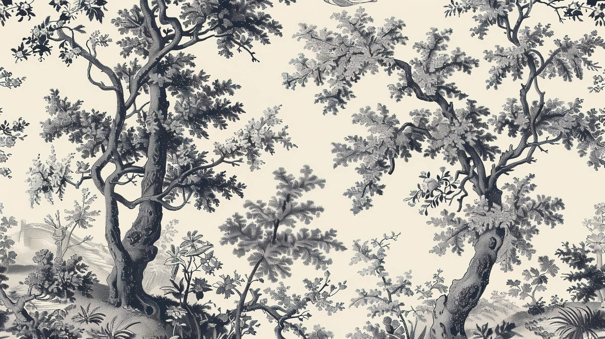 Forest Mural Wallpaper | Black and Beige Toile de Jouy Pattern